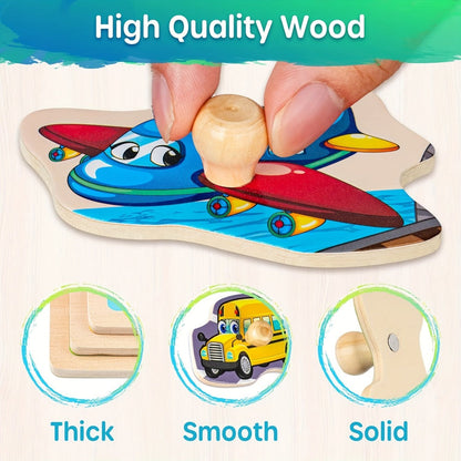 6-in-1 Wooden Toddler Puzzle Set with Storage Rack – Alphabet Number Shape Animal Dinosaur Vehicle Puzzles, STEM Montessori Educational Learning Toy, Gift for Baby Boys Girls Ages 1 2 3