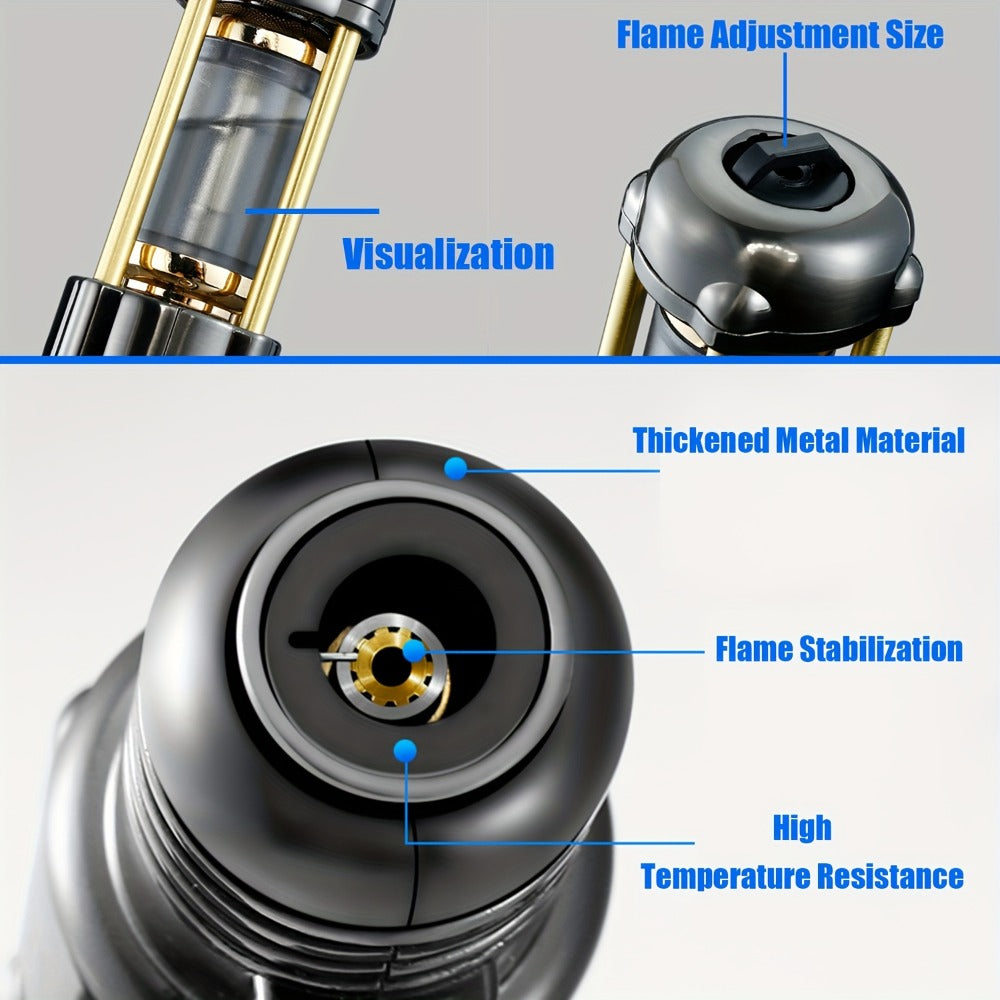 Butane Torch Lighter Windproof Jet Flame Zinc Alloy Refillable – Visible Fuel Tank, Adjustable Blue Flame, Rocket Design for Camping, BBQ, Cigar & Outdoor Use, Grey & Golden (No Butane Included)
