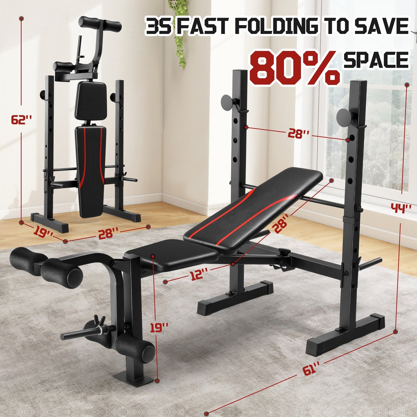 Adjustable Weight Bench Set – Foldable Home Gym Workout Bench with Squat Rack, Leg Developer & Preacher Curl Pad | 3-Second Fast Fold, Full Body Strength Training for Press, Curl & Squat Exercises