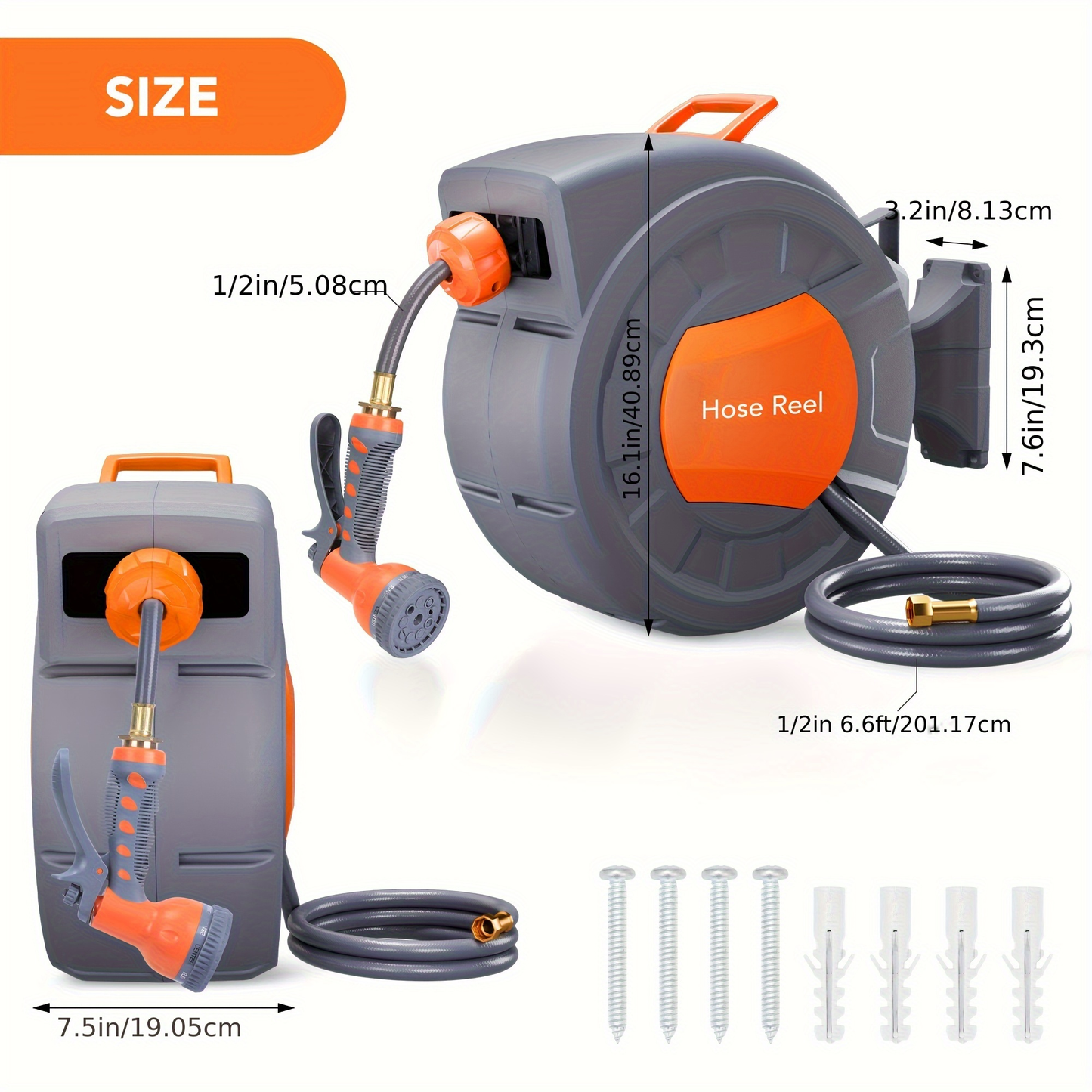 65ft Automatic Garden Hose Reel with 9-Function Sprayer | 180° Swivel, Auto-Rewind & Slow Return System