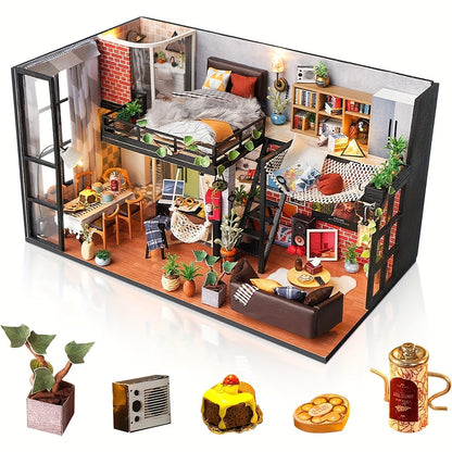 Miniature Apartment Dollhouse Kit with Protective Cover Handmade 3D Puzzle DIY House Furniture Accessories Home Decor Gift for Adults Teens Birthday Christmas Anniversary