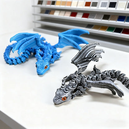 Articulated Cybernetic Dragon Statue – 3D Printed Black & White Swirl Fidget Figurine with Random Eye Color, Poseable Collectible Fantasy Art for Desktop Display, Cool Gift for Teens & Adults 14+