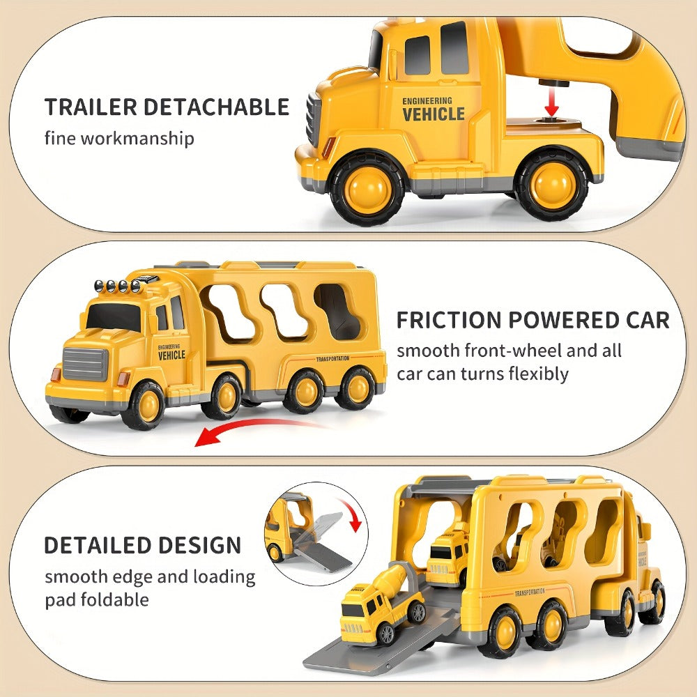 Construction Carrier Truck Toy Set for Kids Ages 3-7 – Large Transport Truck with 4 Mini Engineering Vehicles Excavator Crane Cement Mixer Bulldozer Friction Powered Yellow Gift Boys Girls