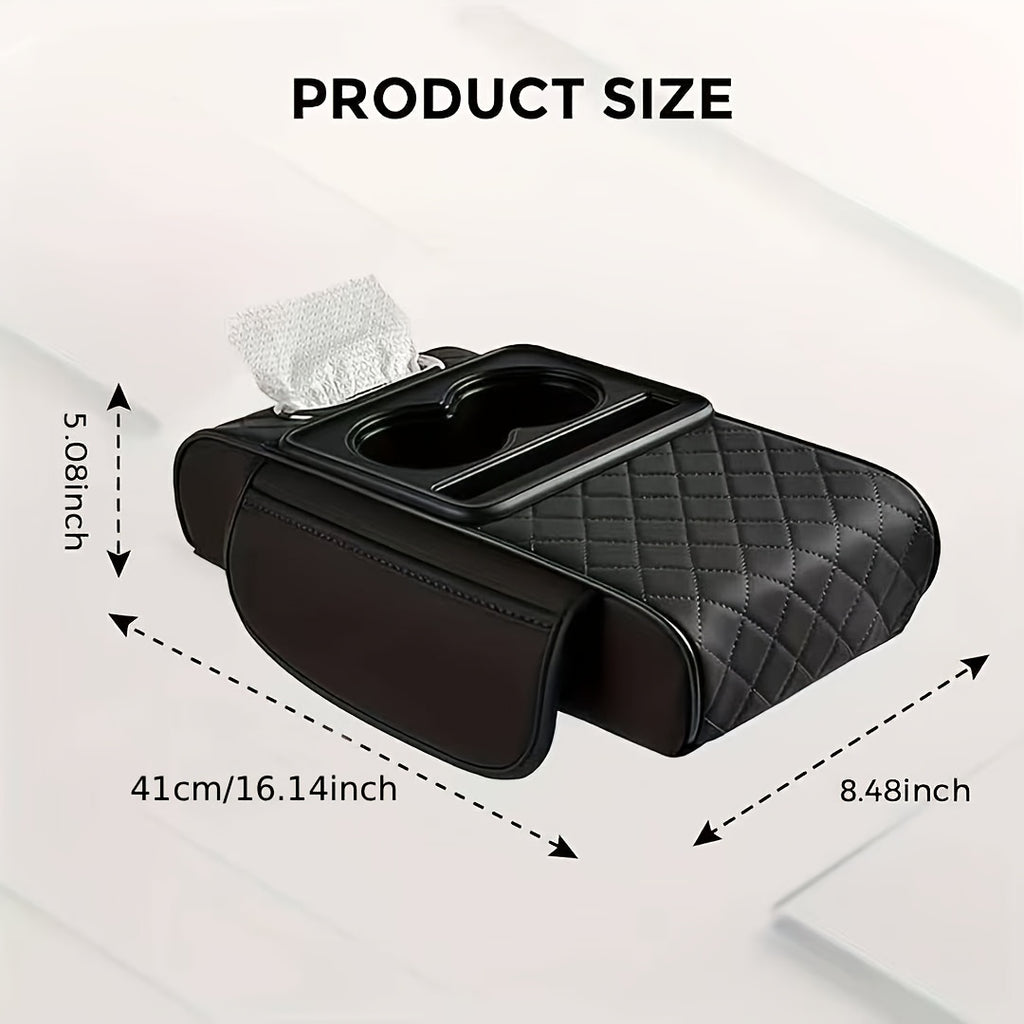 Universal Car Armrest Box Cover, PU Leather Center Console Mat with 2 Side Pockets + 2 Cup Holders + Multi-Functional Tissue Storage Space, Suitable for Phone/Water Bottle/Cards, Compatible with Most Car Models, Car Accessories, Women's Car
