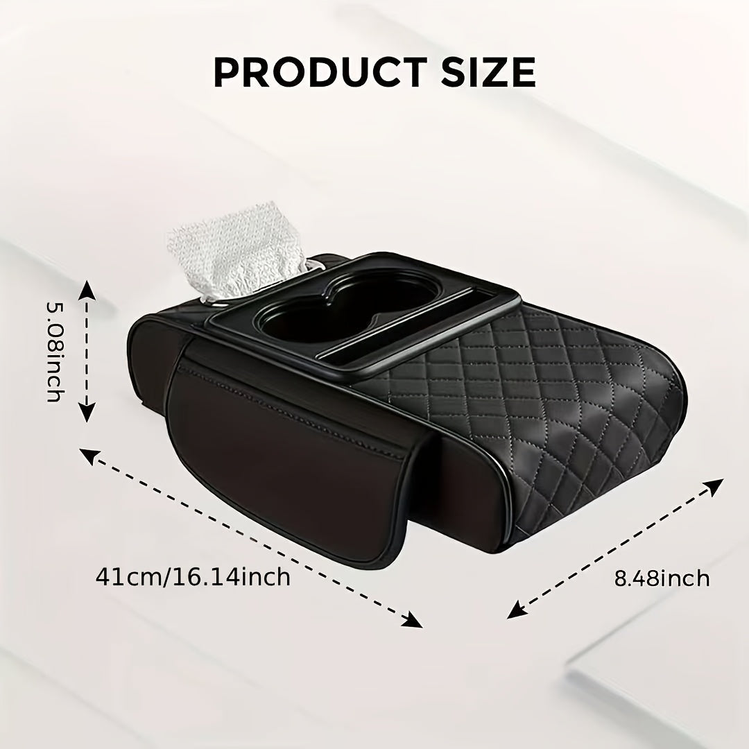 Universal Car Armrest Box Cover, PU Leather Center Console Mat with 2 Side Pockets + 2 Cup Holders + Multi-Functional Tissue Storage Space, Suitable for Phone/Water Bottle/Cards, Compatible with Most Car Models, Car Accessories, Women's Car