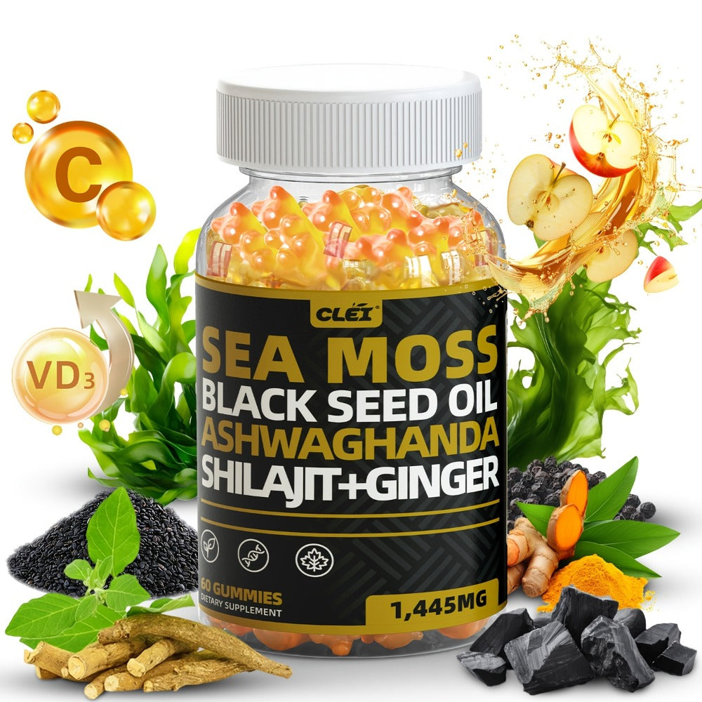 Immune Support Gummies with Sea Moss 1445mg – 10-in-1 Superfood Blend with Black Seed Oil, Ashwagandha, Elderberry, Turmeric, Bladderwrack, Chlorophyll, Shilajit & Ginger – 60 Count Daily Wellness Supplement