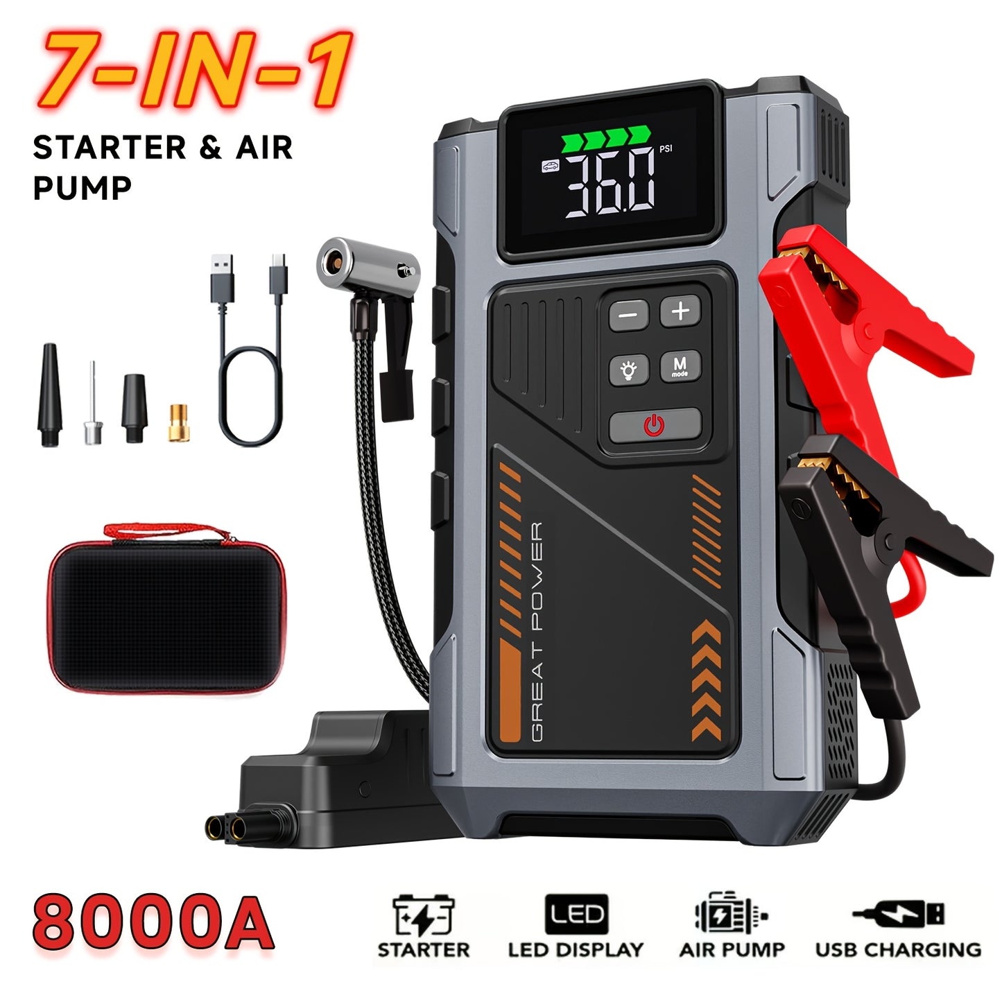 [Portable Jump Starter] Jump Starter With Air Compressor, 8000A Peak Battery Jumper Starter Portable, Jump Box For Car Battery, 12V Portable Jump Starter For 8.0L Gas And 6.5L Diesel Cars With USB Ports And LED Flashlight, Portable Car Jump Starter, Batte