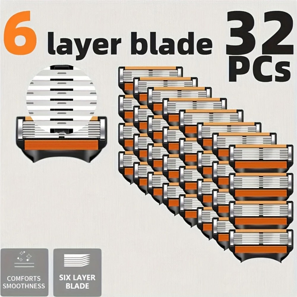 Fusion 5 Compatible Razor Blade Refills 6-Layer Stainless Steel with Free Handle — Men's Replacement Shaving Cartridges for Beard & Face, Manual Razor Heads Bulk Pack 16/24/32 Blades