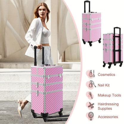 Rolling Makeup Train Case 3-in-1 Large Capacity Professional Cosmetic Trolley Swivel Wheels Lock Key Sponge Set Included Salon Barber Artist Travel Cart Trunk Black Pink
