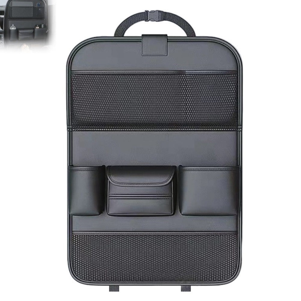 PU Leather Car Seat Back Organizer – Multi-Pocket Backseat Storage Bag with Mesh Pockets, Laptop Holder & Foldable Design for Car Interior Travel Accessories, Black