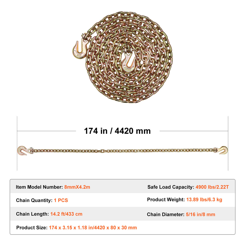VEVOR Binder Chain G80 Tie Down Tow Chain with Two Hooks 5/16" x 14.2/10.3' 4900 lbs /3/8" x 10.3' 7100 lbs