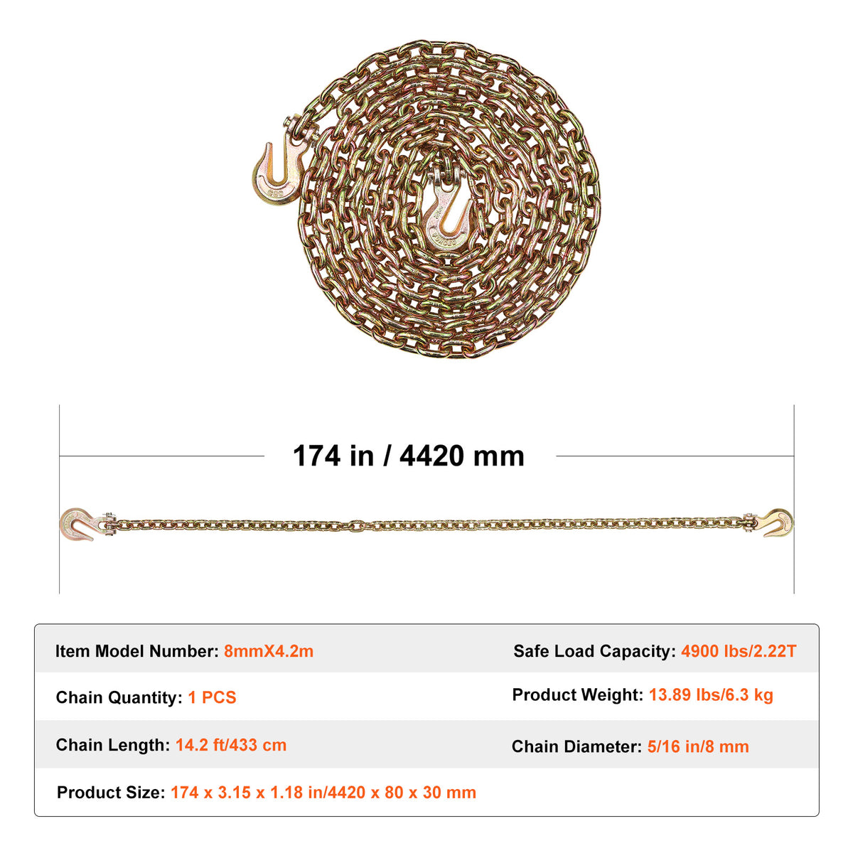 VEVOR Binder Chain G80 Tie Down Tow Chain with Two Hooks 5/16" x 14.2/10.3' 4900 lbs /3/8" x 10.3' 7100 lbs