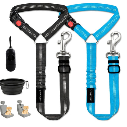 Dog Seat Belt for Car 3-in-1 Pet Car Seatbelt Harness & Leash – Retractable Adjustable Reflective Bungee Dog Restraint, Secures to Vehicle Headrest, Blue & Black