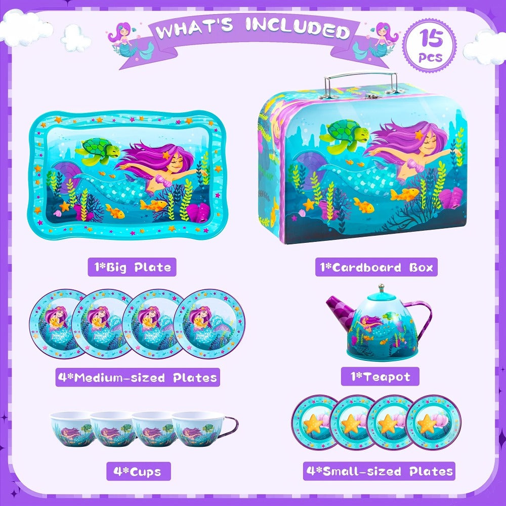Mermaid Tea Party Set for Girls 21pcs – Tin Teapot, 4 Cups, Saucers, Plates & Carrying Case | Pretend Play Kitchen Toy for Toddlers, Birthday & Christmas Gift for Girls Ages 3 4 5 6