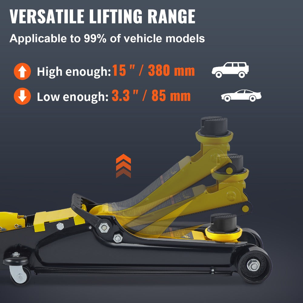 2.5 Ton Low Profile Floor Jack Compact Alloy Steel – Sport Car Lift with Single Cylinder Pump, 3.35–14.96" Lift Range, Fast Hydraulic Lifting for Garage & Roadside Use, Black