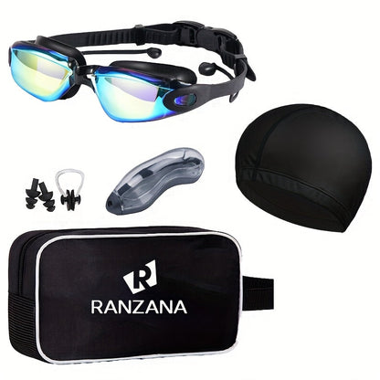 Swim Goggles Set 6pcs – Iridescent Coated PC Lens, UV Protection, Waterproof PU Swim Cap, Nose Clip, Earplugs, Case & Storage Bag for Adult Racing Swimming
