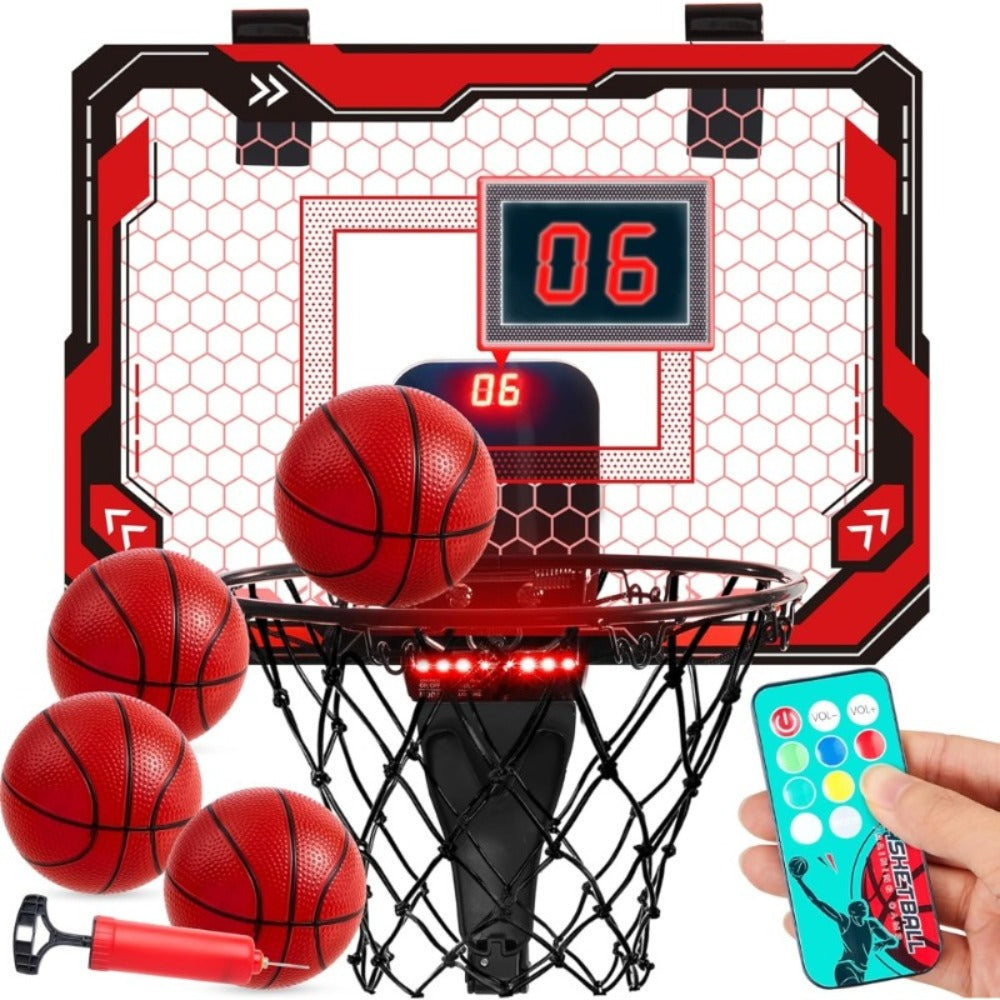 Indoor Basketball Hoop for Kids Over the Door – Light Up LED Scoreboard 4 Balls Air Pump 3 Game Modes 7 Light Shows, Active Sport Toy Gift for Boys Girls Ages 3 to 14 (Red)