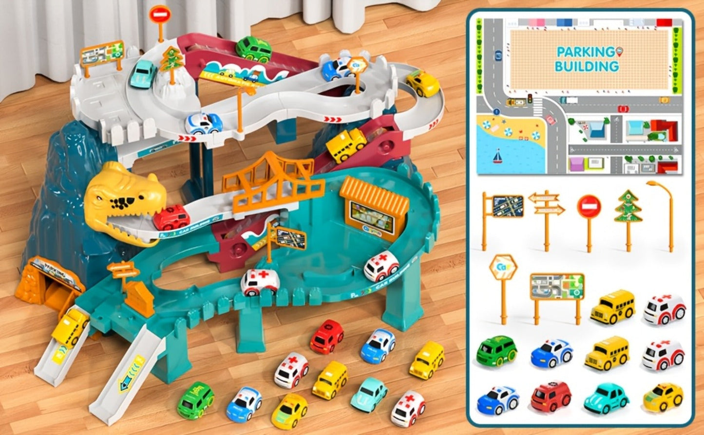 Dinosaur Race Track Toy Set for Kids with 10 Mini Cars & Ramp Launcher – Multi-Level Dino Car Racing Playset for Boys Girls Toddlers Ages 3-8 Birthday Christmas Gift