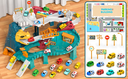 Dinosaur Race Track Toy Set for Kids with 10 Mini Cars & Ramp Launcher – Multi-Level Dino Car Racing Playset for Boys Girls Toddlers Ages 3-8 Birthday Christmas Gift