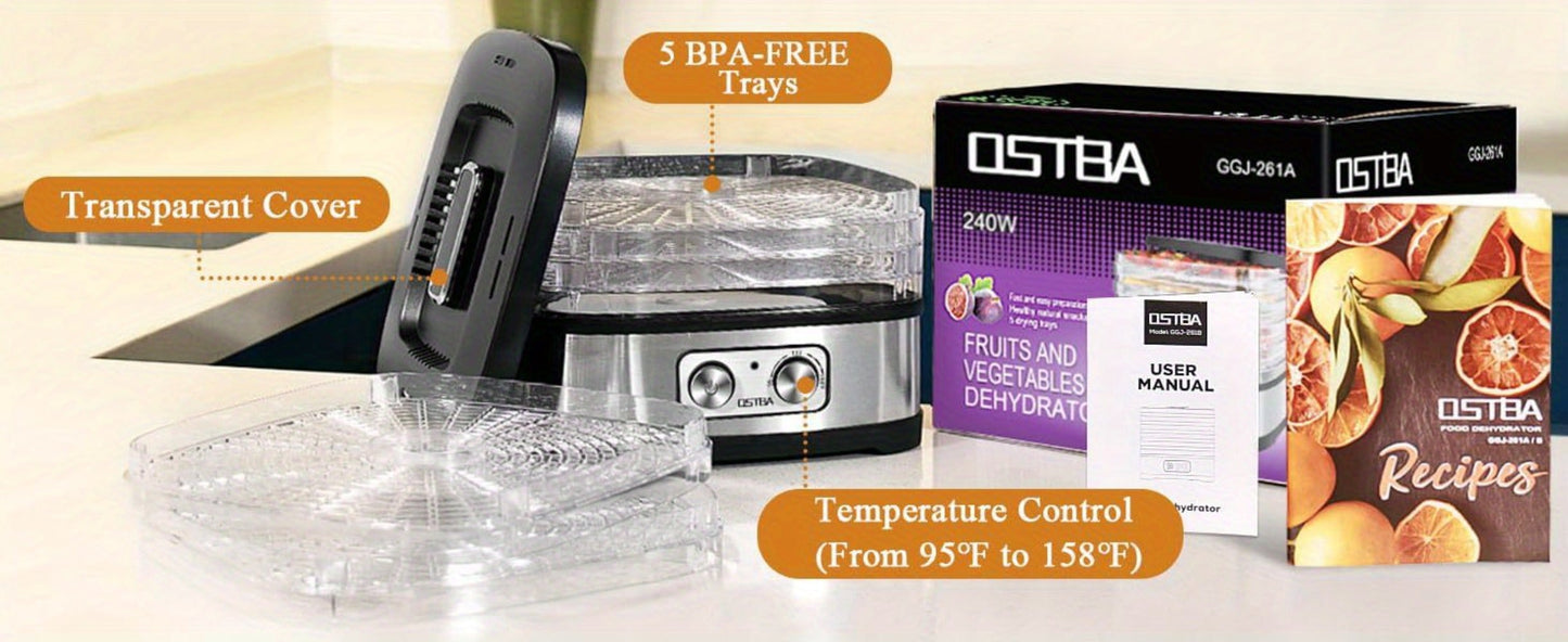 Food Dehydrator 240W with Temperature Control | BPA-Free Dishwasher-Safe Trays, Electric Food Dryer for Jerky, Fruits, Herbs & Vegetables, Recipe Book Included – 5-Tray & 8-Tray Options