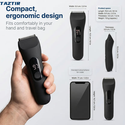 Waterproof Beard Trimmer 5-in-1 Body Grooming Kit for Men IP67 USB Rechargeable Electric Razor with Ceramic Blades LED Display – TAZTIR Black Matte Finish Gift Box Set, Birthday Father's Day Holiday Gift