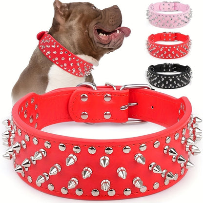 Spiked Dog Collar Faux Leather Mushroom Rivet Studded Adjustable Wide Punk Style for Pitbull Mastiff Bulldog Husky Rottweiler Medium Large Dogs M L 6 Colors