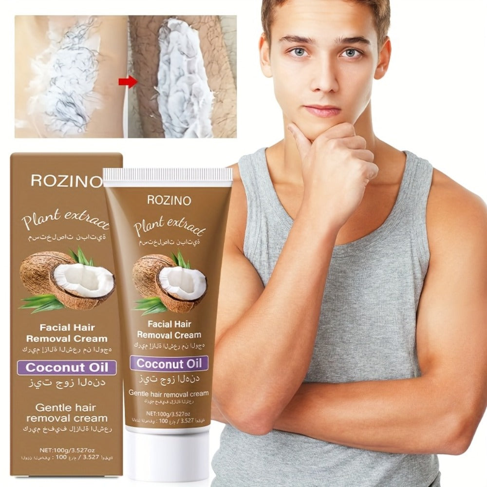 Coconut Hair Removal Cream 100g — Painless Depilatory for Women, Face Legs Armpits Bikini Area, Gentle Sensitive Skin Formula, Semi-Permanent Smooth Results