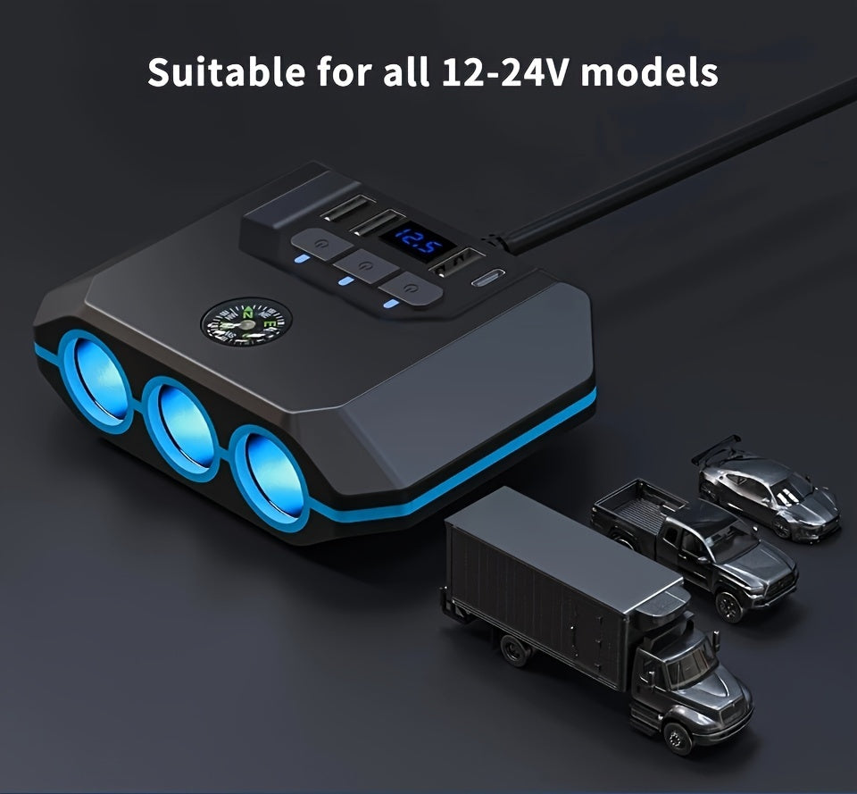 Car Lighter Splitter Charger Adapter 3 Socket Power Outlet 120W USB 12V/24V Car Socket Outlet Splitter with Voltage Monitor Independent Switch for