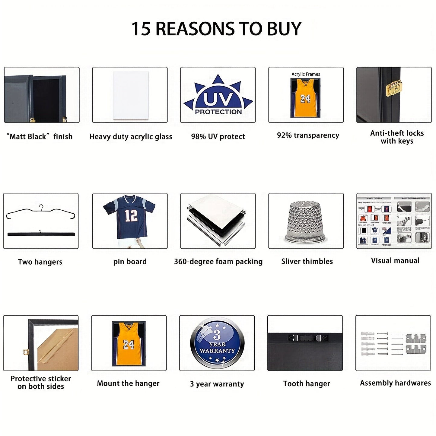 Jersey Display Case Shadow Box - Lockable UV Protection Frame for Baseball Basketball Football Soccer Hockey Sport Shirt, Matte Black