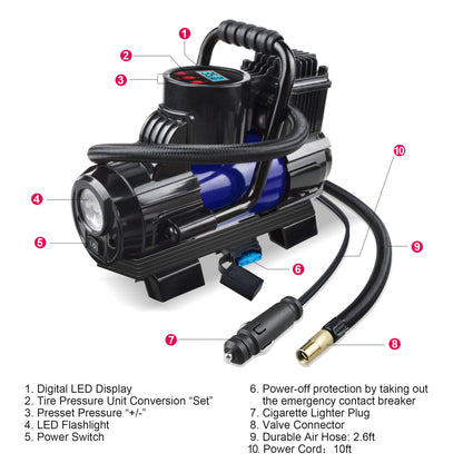 Portable Air Compressor Tire Inflator 150PSI – 120W 12V Auto Shut-Off, LED Display, 35L/min Fast Inflate for Car Bike Truck SUV Ball