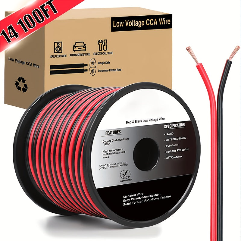 1pc/2pcs Copper Clad Aluminum Wire Red Black CCA Electrical Cable 2 Conductor Parallel DC Flexible Extension Cords for Car Audio Radio Speaker Amplifier