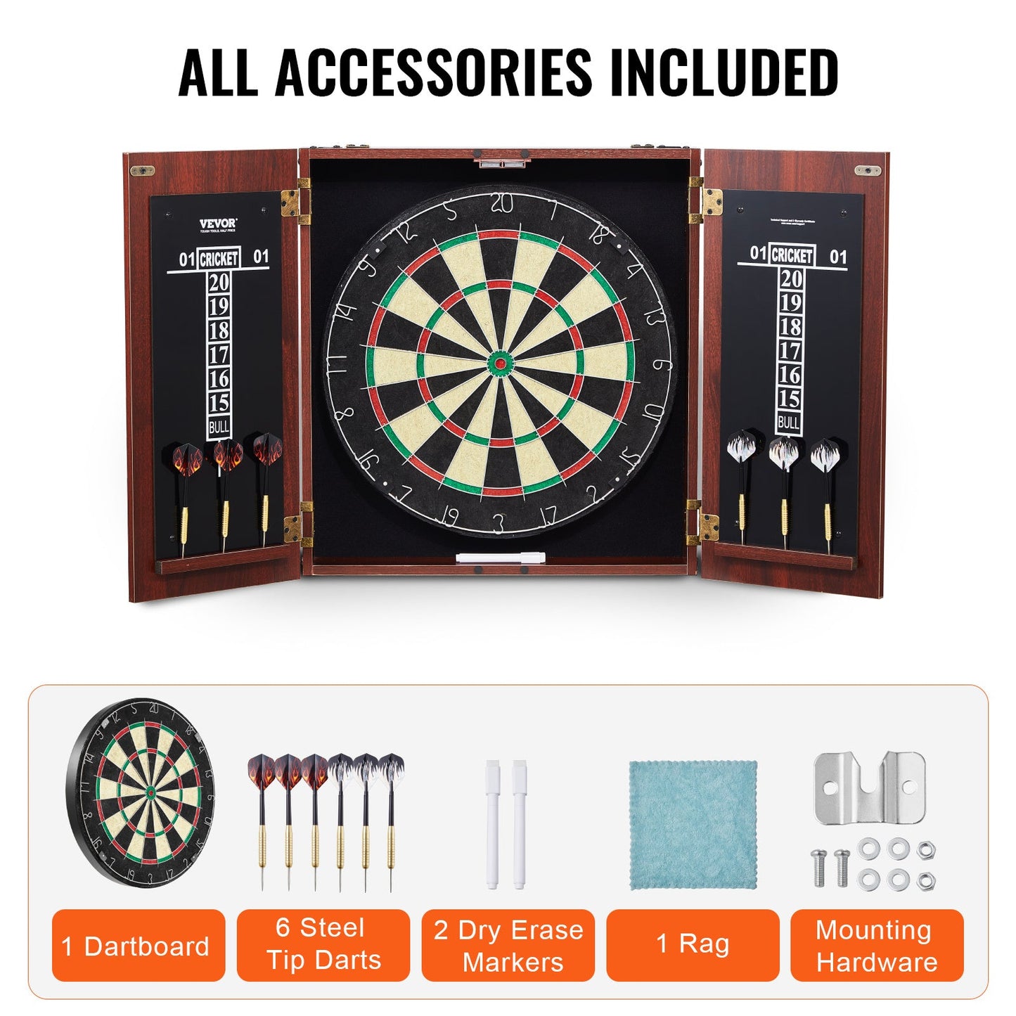 Dartboard Cabinet Set with Steel Tip Darts – 18 Inch Sisal Fiber Board, Retro Wood Cabinet, Scoreboard & Full Accessories Included