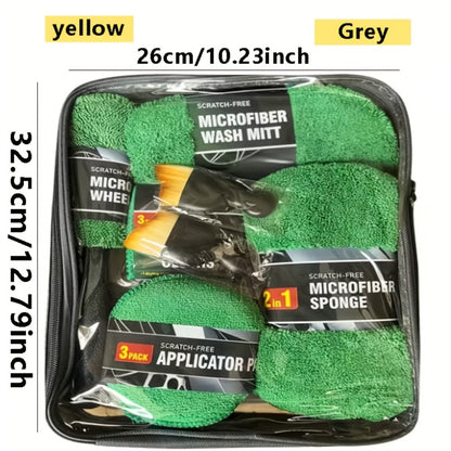 11-Piece Car Cleaning Kit – Tire Brush, Microfiber Wash Gloves, Thick Absorbent Pads & Detail Sponges for Interior & Exterior Car Detailing, Complete Auto Wash Set, Gray