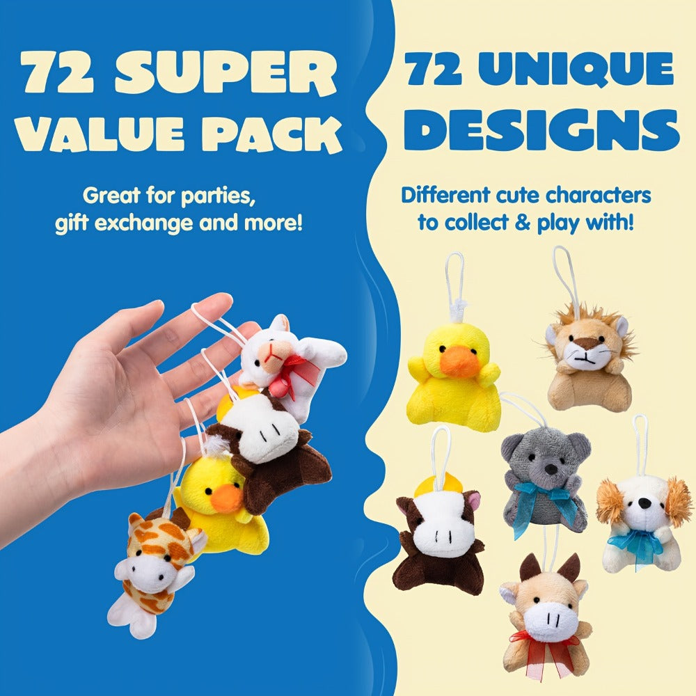Mini Animal Plush Toy Assortment 72 Pack Bulk – 2.5-3 Inch Stuffed Animals for Party Favors, Carnival Prizes, Classroom Rewards & Stocking Stuffers, 72 Unique Designs No Duplicates