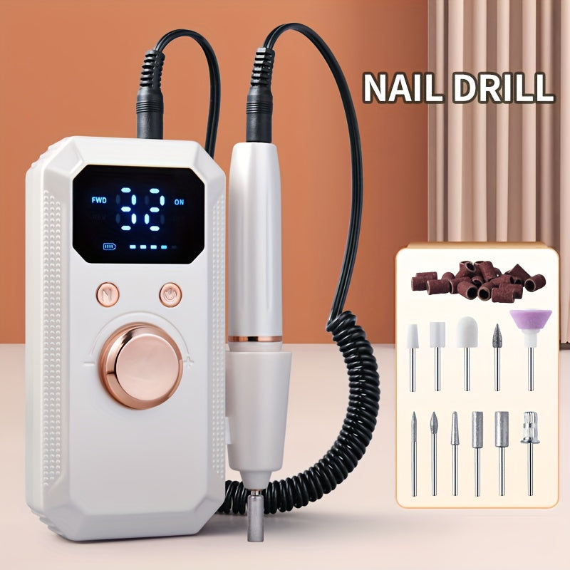 Cordless Electric Nail Drill Machine Rechargeable Professional E-File 11 Bits 20 Sanding Discs High Speed Acrylic Gel Natural Nails Polishing Portable Home Salon Black Pink White Grey Rose Gold