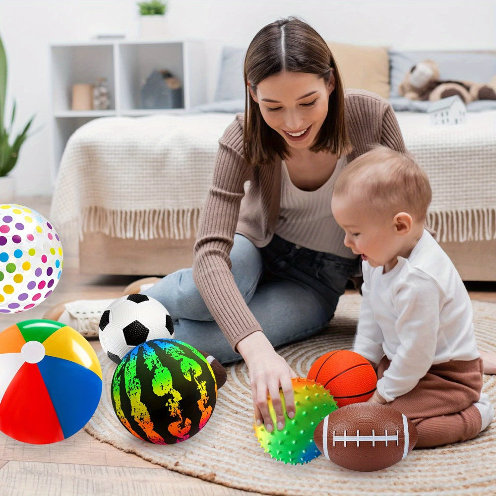 Kids Playground Ball Set 7-Pack with Air Pump – 10.6 Inch Outdoor Ball Plus 6-Inch Basketball Football Rugby, Active Play Toy for Home Yard Pool Classroom Park, Birthday Party Gift for Children Ages 4+