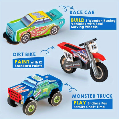 Build and Paint Wooden Vehicle Kit for Kids 144 Pieces – Race Car Motorcycle Monster Truck, 12 Colors 3 Brushes Racing Decals, STEM Craft Gift for Boys Ages 6 7 8 9 10