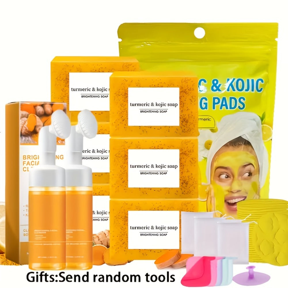 Turmeric Kojic Acid Brightening Soap Handmade Lemon Cold Process Deep Cleansing Hydrating Bar for Face & Body All Skin Types – Bundle Sets with Liquid Soap & Face Wash, Skincare Gift for Women