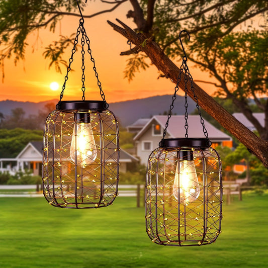 Solar Hanging Lanterns 2 Pack Outdoor Vintage Copper Wire LED Lantern Lights for Garden Patio Porch Gazebo Pergola Pathway Yard Decor, Waterproof