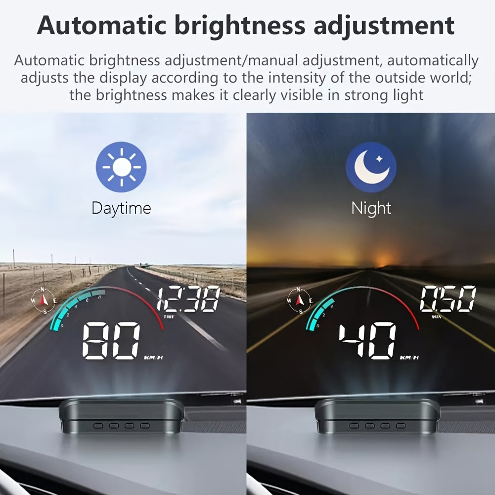 Digital Head Up Display, Windshield Speedometer Projector with Compass, Overspeed Alarm, Mileage Per Trip, Auto Brightness, Compass Direction, HUD Speed Meter Gadgets for Car for All Vehicles, USB Cable Plug & Play