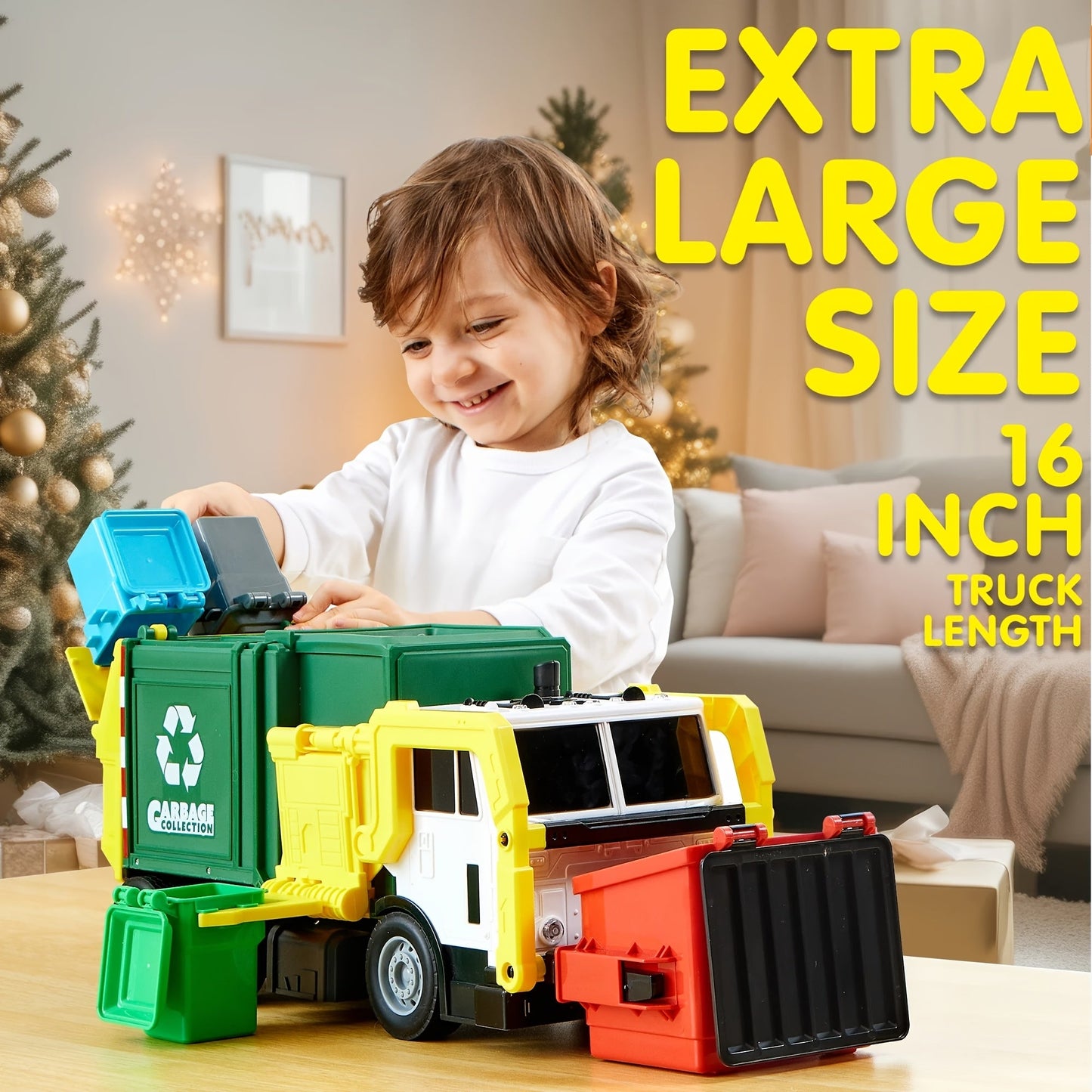 Garbage Truck Toy Set 16-Inch Large Friction-Powered with Lights & Sounds, Color-Coded Trash Bins, Garbage Sorting Learning Cards – Educational Gift for Boys & Girls Ages 3+
