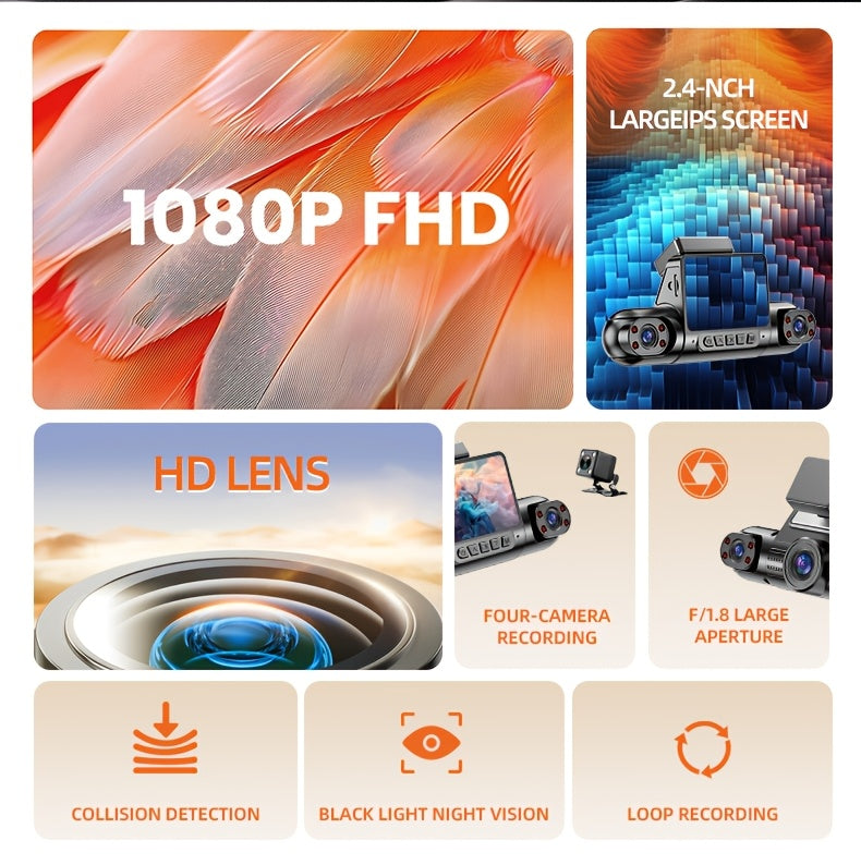 This Is a Comprehensive Driving Recorder Set Featuring Four Lenses, Offering 360-Degree Coverage with 1080P Resolution for The Front And 720P for The Rear, Sides, And Full Display. It Includes High-Definition Night Vision, WDR, G Sensor