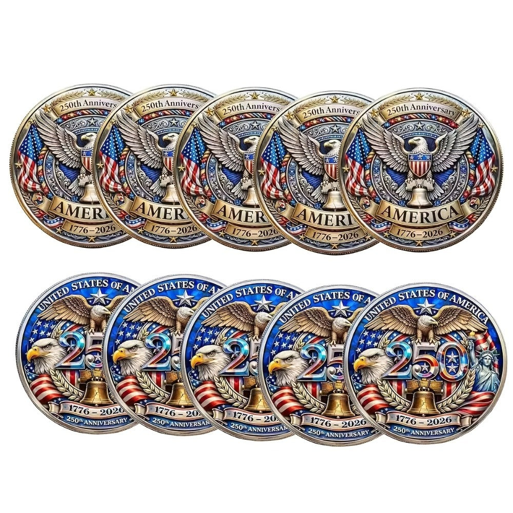 US 250th Anniversary Commemorative Coins 1776-2026 Set of 10 – America 250 Collectible Coins with Dual Historical Patterns, Patriotic Gift for History Fans & Collectors