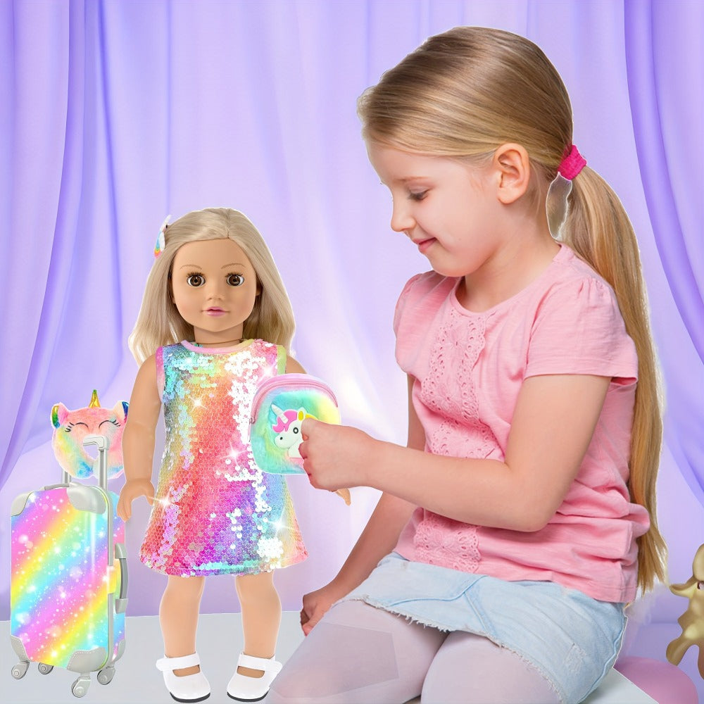 18 Inch Doll Travel Accessories Set 24 Pcs – Suitcase Dress Handbag Shoes Glasses Passport Bank Card Tickets Hairbands & U-Pillow, Fits American Girl Dolls School Adventure Gift for Girls Ages 3+ No Doll