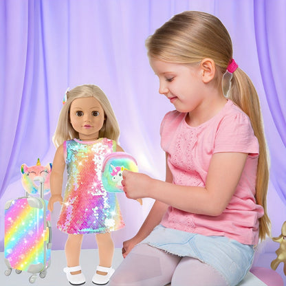 18 Inch Doll Travel Accessories Set 24 Pcs – Suitcase Dress Handbag Shoes Glasses Passport Bank Card Tickets Hairbands & U-Pillow, Fits American Girl Dolls School Adventure Gift for Girls Ages 3+ No Doll