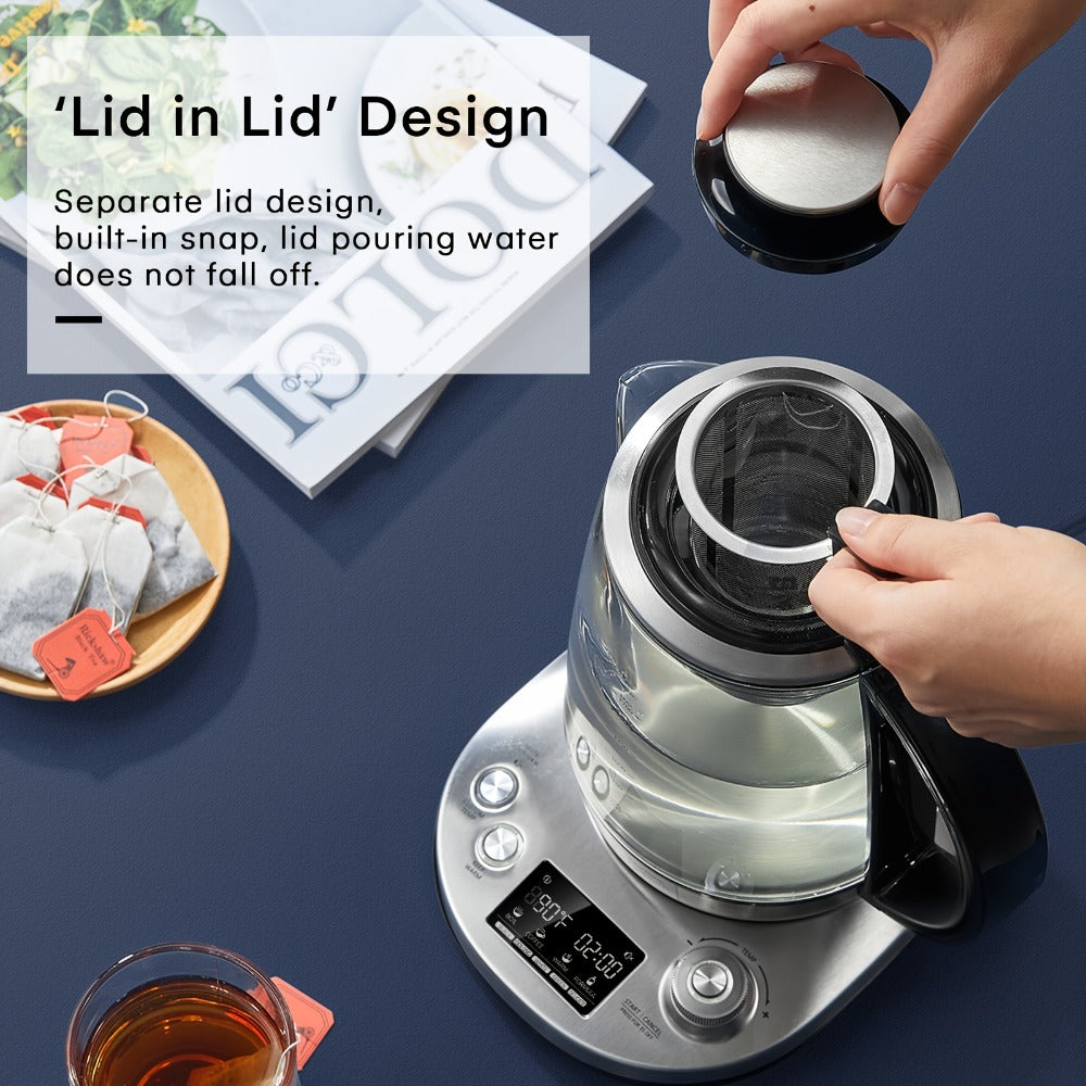 Electric Tea Kettle with 9 Temperature Control Presets – 1.7L Borosilicate Glass Kettle, 1200W, Removable Infuser, 2-Hour Keep Warm, Stainless Steel Hot Water & Tea Pot for Home & Office