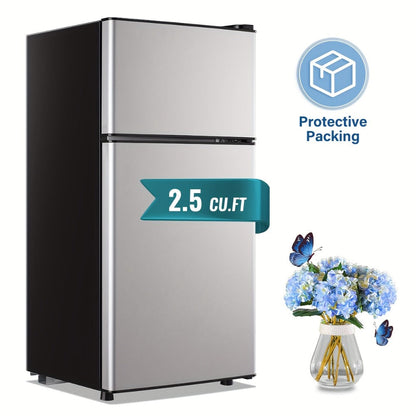 Small Fridge with Freezer, 2-Door Compact Refrigerator with 7-Level Adjustable Thermostat, Removable Shelves & Basket – 2.5 or 3.5 Cu Ft Silver Mini Fridge for Dorm, Office, RV and Bedroom
