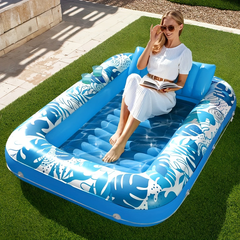 Inflatable Tanning Pool Float 4-in-1 Suntan Tub Raft for Adults – Large 70"x46" Sunbathing Lounger with Pillow, Ball Pit & Pool Party Lounge, Blue Floating Relaxation Bed