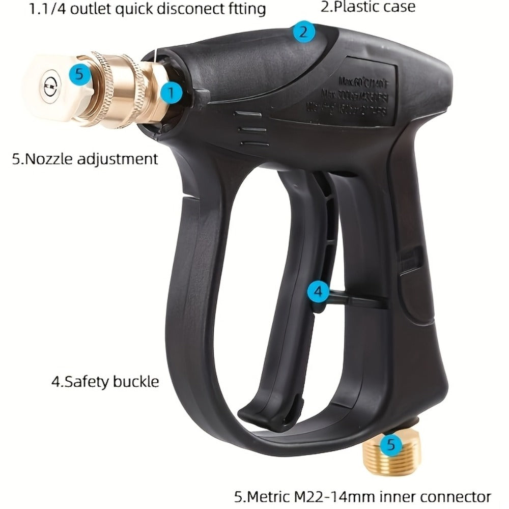 High Pressure Car Wash Gun with 5 Spray Nozzles – Max 3000 PSI, M22-14 & 1/4" Quick Connect, Garden Hose Pressure Washer Wand for Car Washing & Irrigation