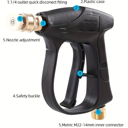High Pressure Car Wash Gun with 5 Spray Nozzles – Max 3000 PSI, M22-14 & 1/4" Quick Connect, Garden Hose Pressure Washer Wand for Car Washing & Irrigation
